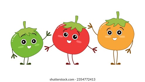 Cute three (green, red, yellow) cartoon mascot tomato characters, with a smiley face, wave their hands.