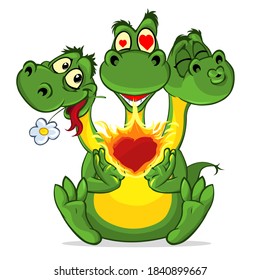 Cute three headed cartoon dragon character. Vector illustration