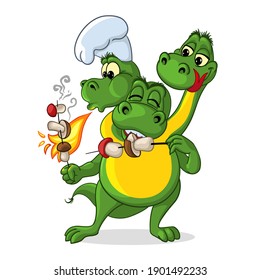 Cute three headed cartoon dragon character. Cooks and eats. Isolated vector illustration.