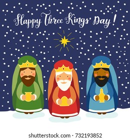 Cute Three Kings' Day card with hand drawn characters