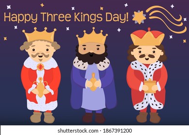Cute three kings or wise men with gifts hand drawn vector illustration. Falling star. Text lettering Happy Three Kings Day. Epiphany, dia de las magos, three kings day greeting card