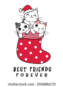 cute three kitten cat friend in red Christmas polka dot sock, friendship, childlike cartoon flat vector hand drawn