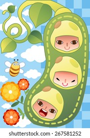 Cute Three Little Pea with Joyful Friends - happy lovely boys smile and laugh with flying bee and on bright blue background of sunny sky and white clouds with chess patterns : vector illustration