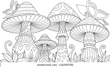 Cute three mushroom in spring time and butterflies for design element   coloring book coloring page colouring picture  Vector illustration