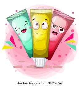 Cute tres tubos de pintura carácter Vector Ilustración. Vector Premium