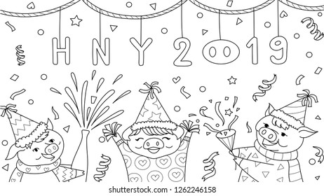 Cute three pigs celebrate New Year 2019 for design element and coloring book,coloring page,colouring pictures. Vector illustration