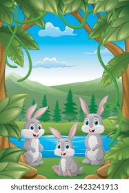 Cute three rabbits cartoon in the jungle