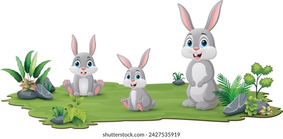 Cute three rabbits cartoon in the jungle