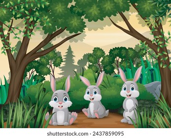 Cute three rabbits cartoon in the jungle