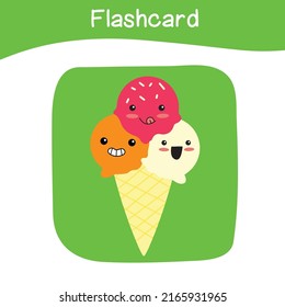 Cute three scoops ice cream flashcard. Colorful printable flashcards. Vector illustration.