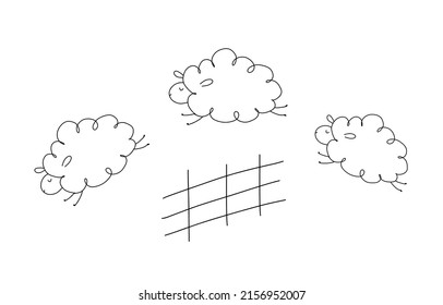 Cute three sheep jumping over fence. Counting sheep to fall asleep. Good night sleep poster. Vector doodle illustration.