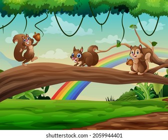 Cute three squirrels cartoon on a tree trunk