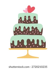 Lindo Vector de pastel de boda de tres niveles con corazones rosados, menta, glaseado verde, puntos de goteo de chocolate en el soporte dorado perfecto para invitaciones de boda, menú de panadería, celebración, diseño de pastelería, ilustración romántica de postre.
