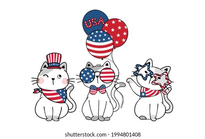 cute Three trio Ameowrica cat 4th of July Independence day with stars and stripes glasses, uncle sam hat. cartoon doodle flat vector illustration kitten 