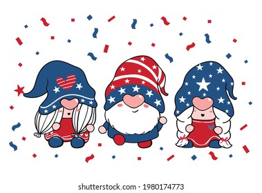 Cute Three Trio Gnome Independence Day, 4th Of July, Gnome Patriotic In Red And Blue Cartoon Illustration Doodle Clipart.