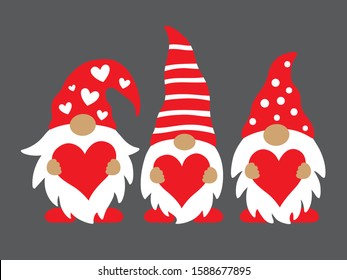 Cute three valentine gnomes holding hearts vector illustration.