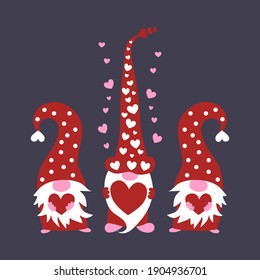 Cute three valentine gnomes holding hearts vector illustration. Valentines day greeting card template.