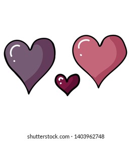 Cute three valentines heart cartoon vector illustration motif set. Hand drawn isolated romantic couples symbol elements clipart for marriage blog, pink graphic, lovers web buttons.