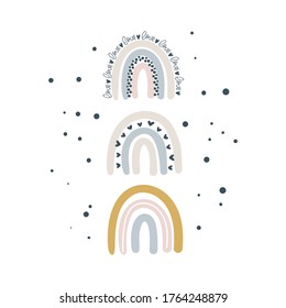 Cute three vector rainbows in scandinavian style isolated on white background for kids. Hand drawn cartoon illustration for posters, prints, cards, fabric, children books, interior design