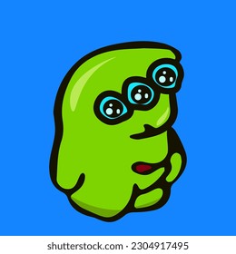 Alien lindo de tres ojos en fondo azul aislado. Equipo De Nave Espacial De Un Pequeño Hombre Verde. Caricatura divertida con personajes desnudos sin atuendo.
