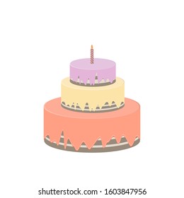 Cute three-tiered cake with a candle. Isolated on a white background.