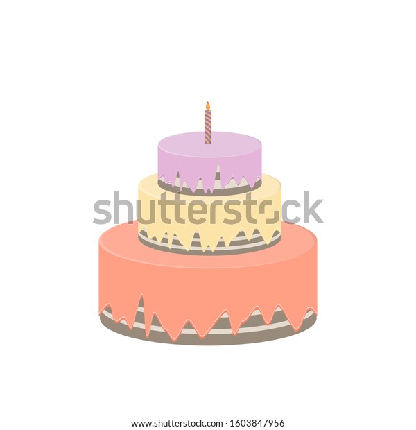 Cute three-tiered cake with a candle.\
Isolated on a white\
background.