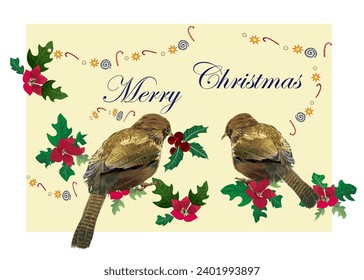 Cute thrush say hello to each other under the red Christmas wreath, cherish the time together, have endless stories to tell, and hope for health 