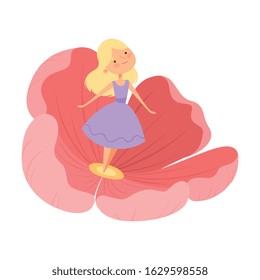 Cute Thumbelina Standing in Bloomed Flower Vector Illustration