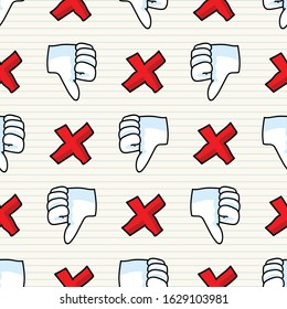 Cute thumbs down hand symbol seamless vector pattern. Hand drawn expression gesture for simple stylized sign. Hand gesture home decor. Isolated communication bad, cross all over print. 