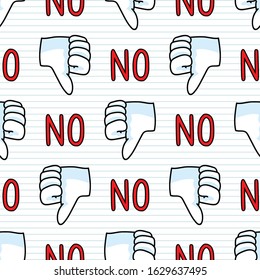 Cute thumbs down hand symbol seamless vector pattern. Hand drawn expression gesture for simple stylized sign. Hand gesture home decor. Isolated communication No text, cross all over print. 