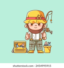 Cute thumbs fisher fishing kawaii chibi character mascot illustration outline style design set