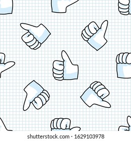 Cute thumbs up hand symbol seamless vector pattern. Hand drawn expression gesture for simple stylized sign. Hand gesture home decor. Isolated communication good, correct all over print. 