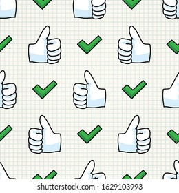 Cute thumbs up hand symbol seamless vector pattern. Hand drawn expression gesture for simple stylized sign. Hand gesture home decor. Isolated communication good, check all over print. 