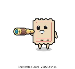 cute ticket character is holding an old telescope , cute style design for t shirt, sticker, logo element