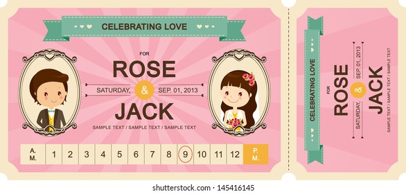 Cute ticket wedding invitation card template vector/illustration 