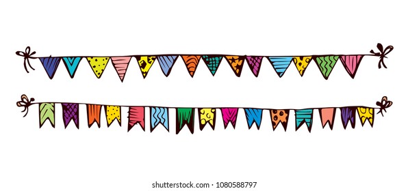 Cute tied different baby pennant streamer flap set isolated on white backdrop. Freehand outline ink hand drawn picture sketchy in art retro scribble style pen on paper. View closeup and space for text