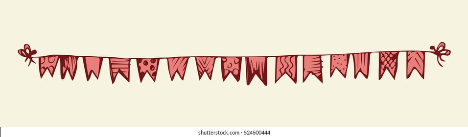 Cute tied different baby pennant streamer flap isolated on white backdrop. Freehand outline red ink hand drawn picture sketchy in art retro scribble style pen on paper. View closeup and space for text
