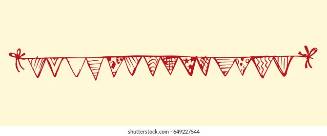 Cute tied different baby pennant streamer flap set isolated on white backdrop. Freehand outline ink hand drawn picture sketchy in art retro scribble style pen on paper. View closeup and space for text