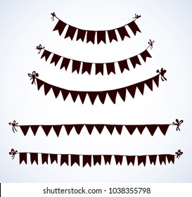 Cute tied different baby pennants streamer flap set isolated on white backdrop. Dark ink hand drawn picture sketchy in art retro engraving style pen on paper. View closeup with space for text