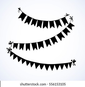 Cute tied pennants isolated on white backdrop. Dark ink hand drawn picture sketchy in retro engraving style