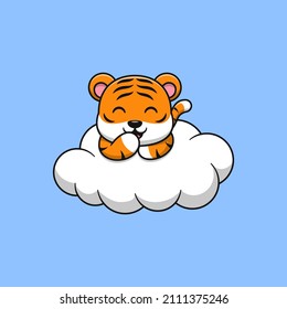 Cute tiger above the clouds. Flat cartoon illustration