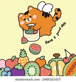 Cute tiger angels flying hold watermelon basket background.Vegetables and fruit.Fresh.Summer.Wild animal character cartoon design.Image for card,poster,sticker.Baby product.Kawaii.Vector.Illustration