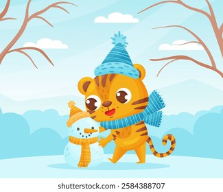 Cute Tiger Animal Build Snowman in Winter Vector Illustration