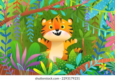 Cute Tiger Animal in Colorful African Exotic Jungle Drawing for kids. Vibrant and playful intricate illustration of African Rainforest and baby Tiger. Detailed vector graphic design for children.