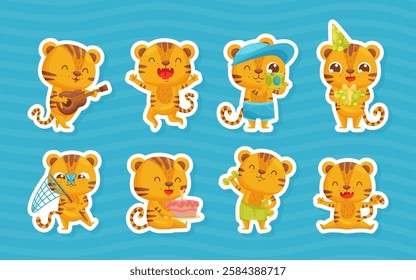 Cute Tiger Animal Engaged in Different Activity Vector Sticker Set
