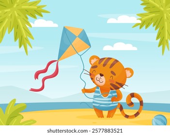 Cute Tiger Animal Enjoy Summer Flying Kite at Beach Vector Illustration