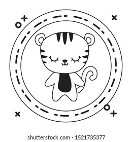 cute tiger animal with frame circular vector illustration design