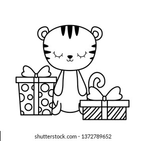 cute tiger animal with gift boxes