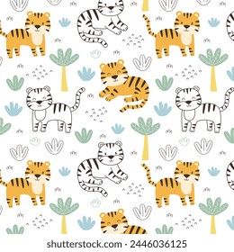 Cute tiger animal and jungle tree seamless pattern. Repeated cartoon wildlife in flat style for fabric wrapping paper textile poster.