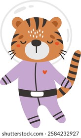 Cute tiger animal in space, animal dressed in cosmonaut suit, isolated vector